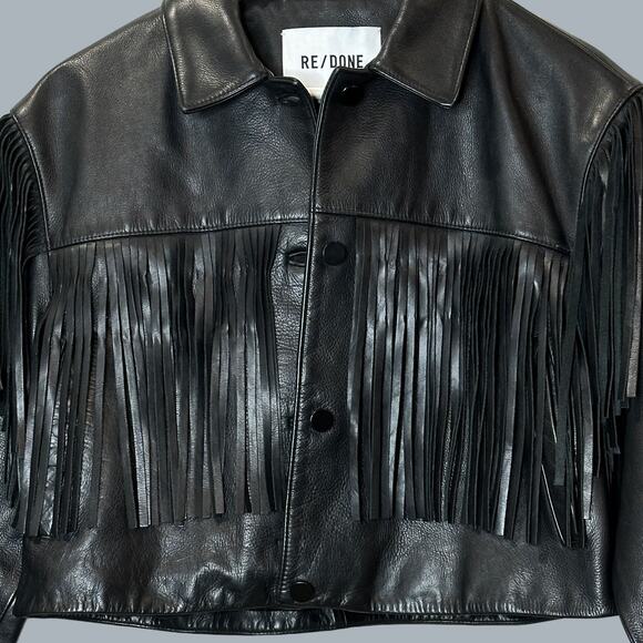 Re/Done Black Leather Fringe Jacket Drop Shoulder Women's Small NWOT - Picture 6 of 16